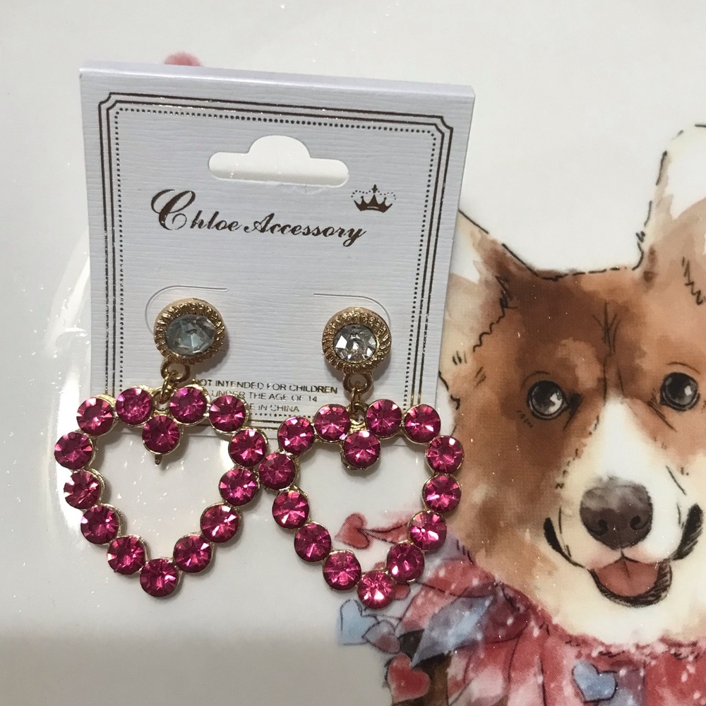 2 for $10. Pink Jeweled Heart Earrings - Picture 3 of 4